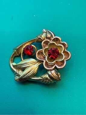 Vintage Harry Iskin Retro Gold Filled Faux Ruby Rhinestone Flower Spray